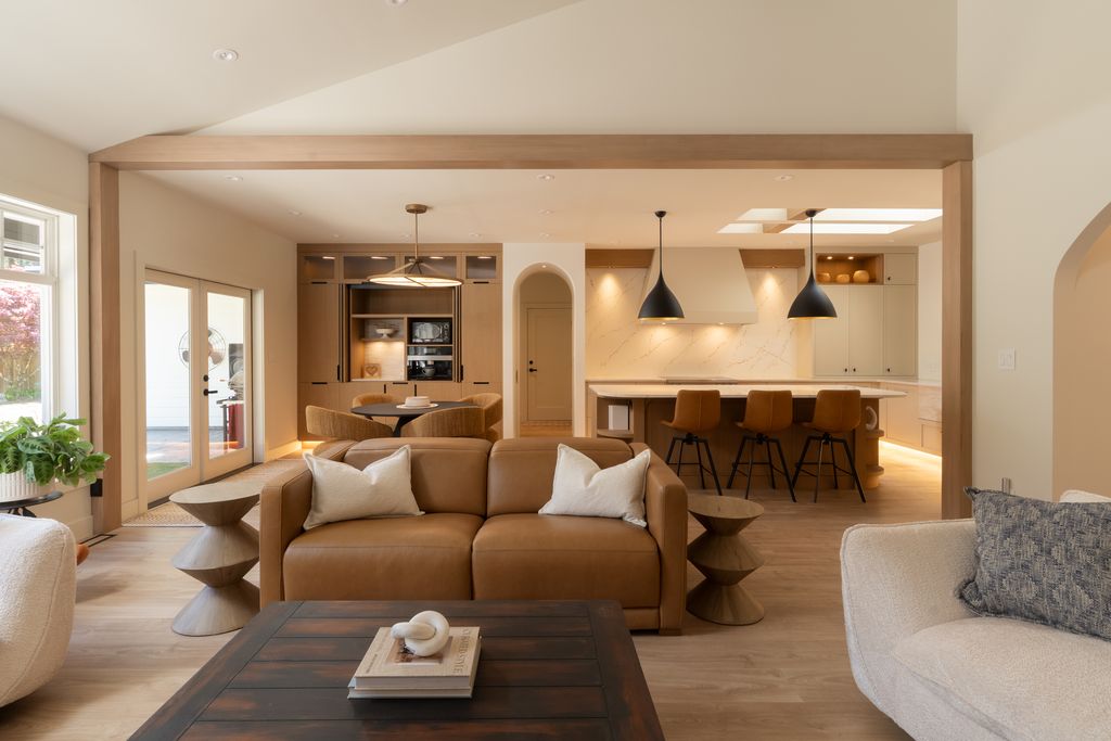 Open-plan living and kitchen interior in warm neutral tones